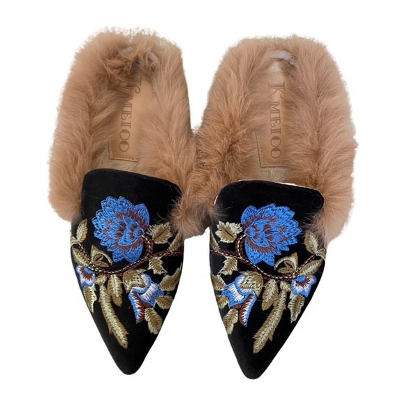 KMEIOO Embroidered Black Floral Mule with Fur Trim Slip On - Picture 5 of 6